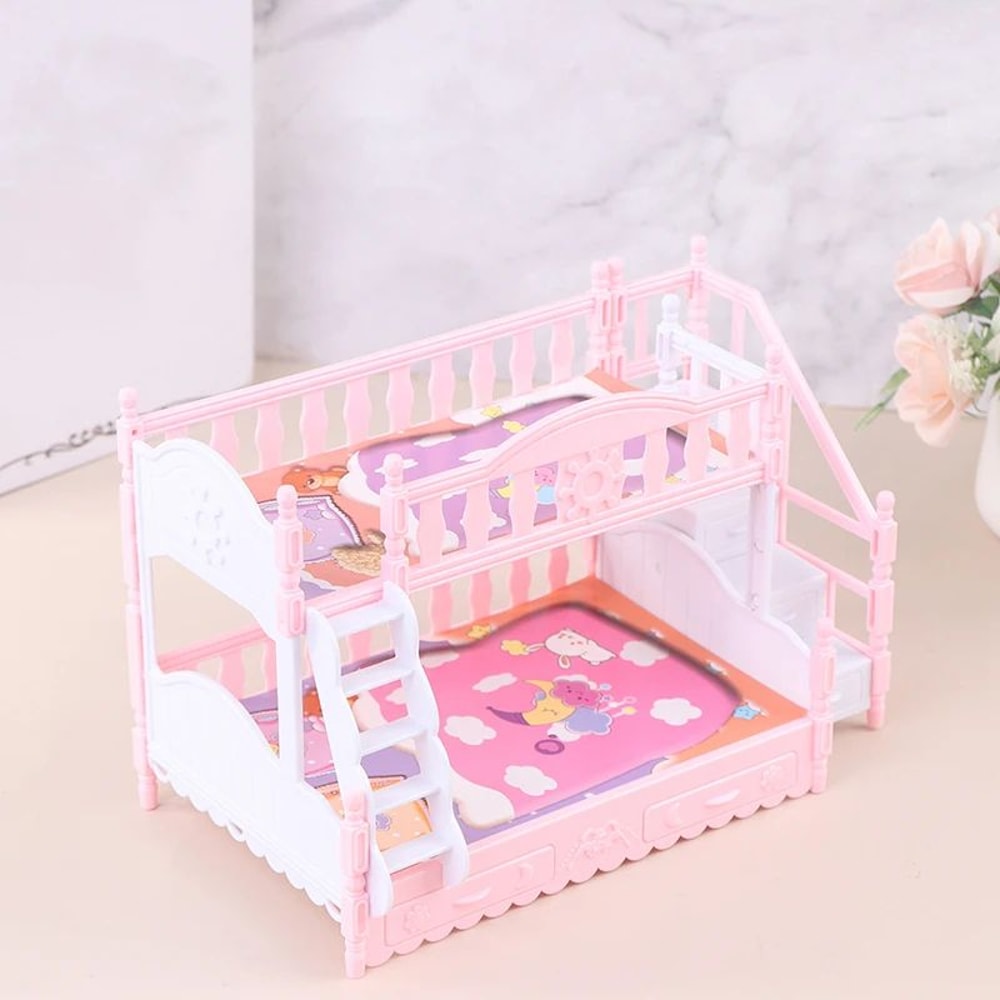 European Style Dollhouse Bunk Bed With Ladder Mini Double Bed Miniature Doll Furniture For Dollhou 3