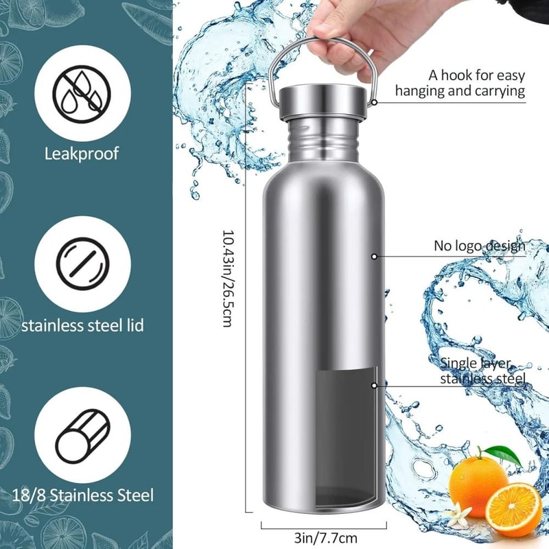 1000ml 304 Stainless Steel Water Bottle PlasticFree Wide Mouth Dishwasher Safe SingleWall 2