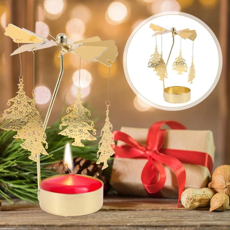 Rotating Christmas Tea Light Candle Holder Gold Metal Candle Carousel Centerpiece 4