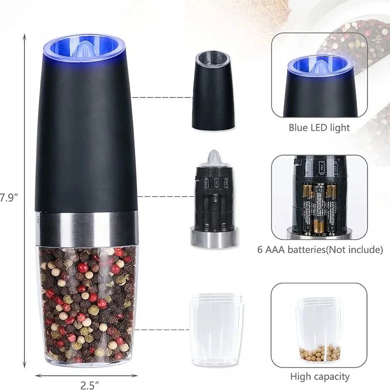 GravitySense Electric Salt Pepper Grinder With LED Light And Adjustable Coarseness 3