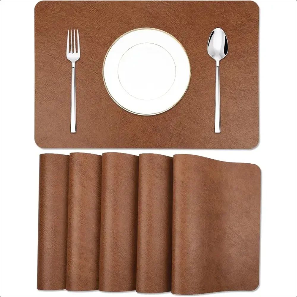 Cowhide Faux Leather Placemats Set Heat Resistant Waterproof NonSlip Table Mats For Dining Kitche 0