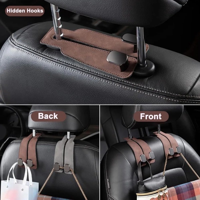 Premium Leather Car Headrest Hook Organizer SpaceSaving Purse Grocery Bag Hanger 2