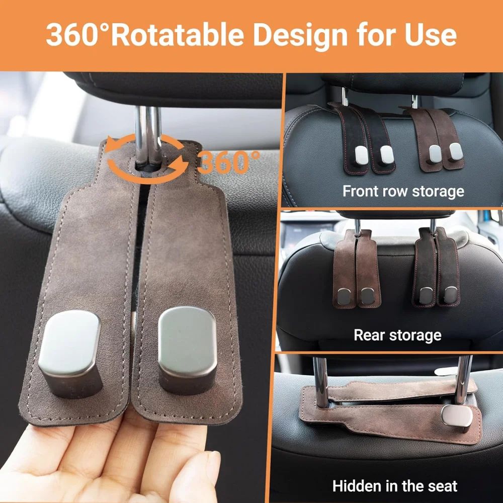 Premium Leather Car Headrest Hook Organizer SpaceSaving Purse Grocery Bag Hanger 4
