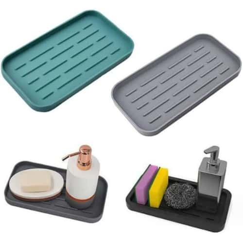 Flexible Silicone Sink Organizer Tray with Drainage – Kitchen Sink Tray for Soap Dispenser & Sponge Holder
