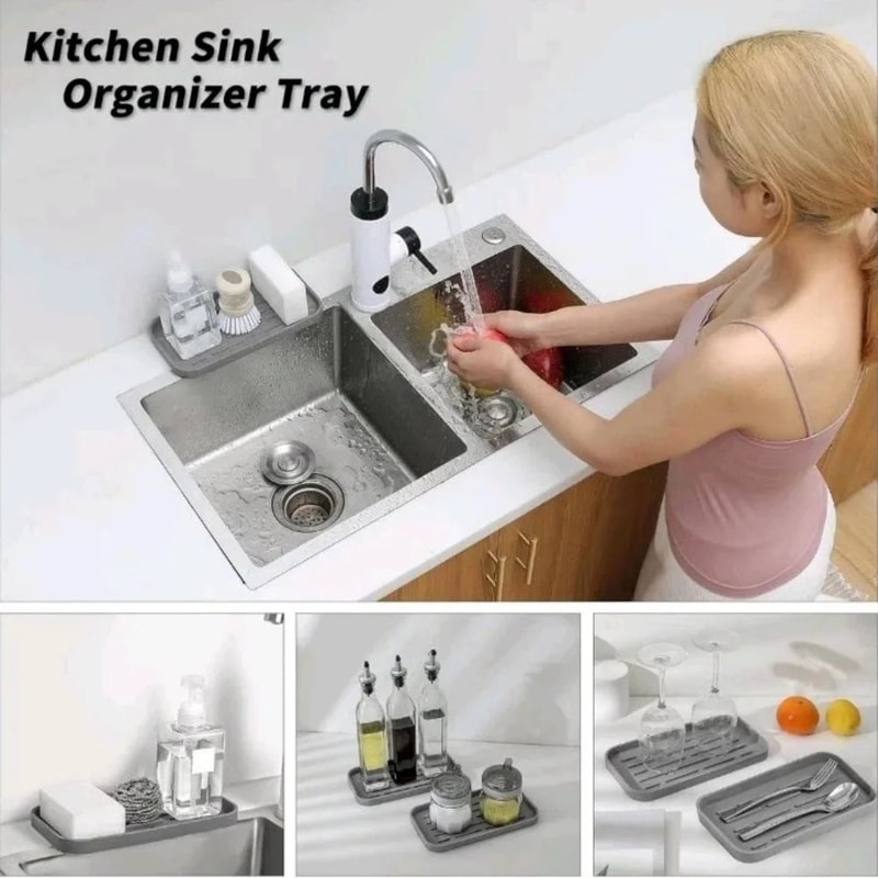 Flexible Silicone Sink Organizer Tray With Drainage Kitchen Sink Tray For Soap Dispenser Sponge H 3