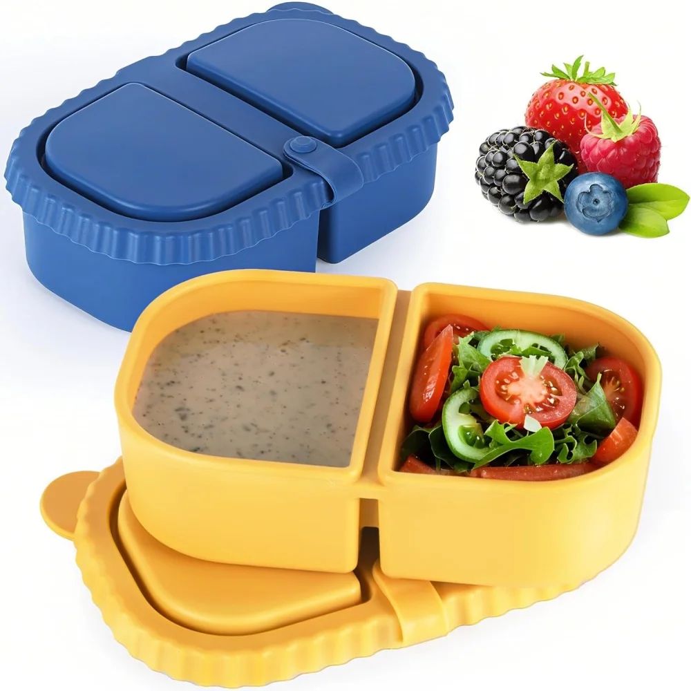 Leakproof Silicone Snack Container With Lids Reusable DoubleCompartment Snack Box Foldable TravelR 0