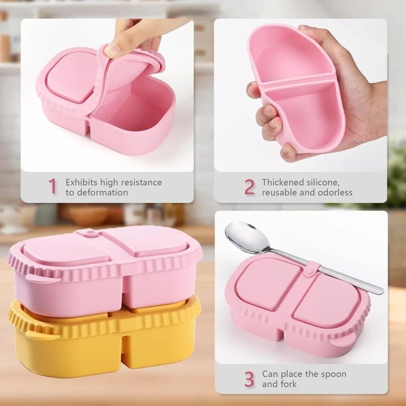 Leakproof Silicone Snack Container With Lids Reusable DoubleCompartment Snack Box Foldable TravelR 4