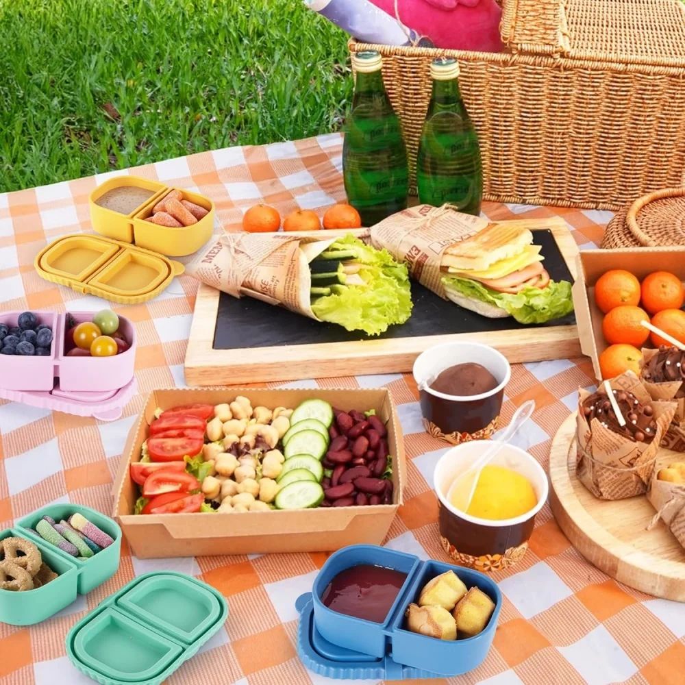 Leakproof Silicone Snack Container With Lids Reusable DoubleCompartment Snack Box Foldable TravelR 5