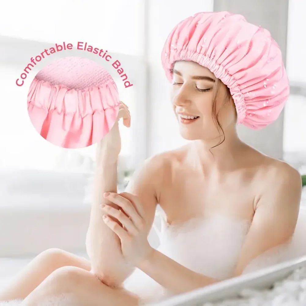 Waterproof Shower Cap With Microfiber Drying Lining Satin Shower Cap For Dry FrizzFree Hair 3