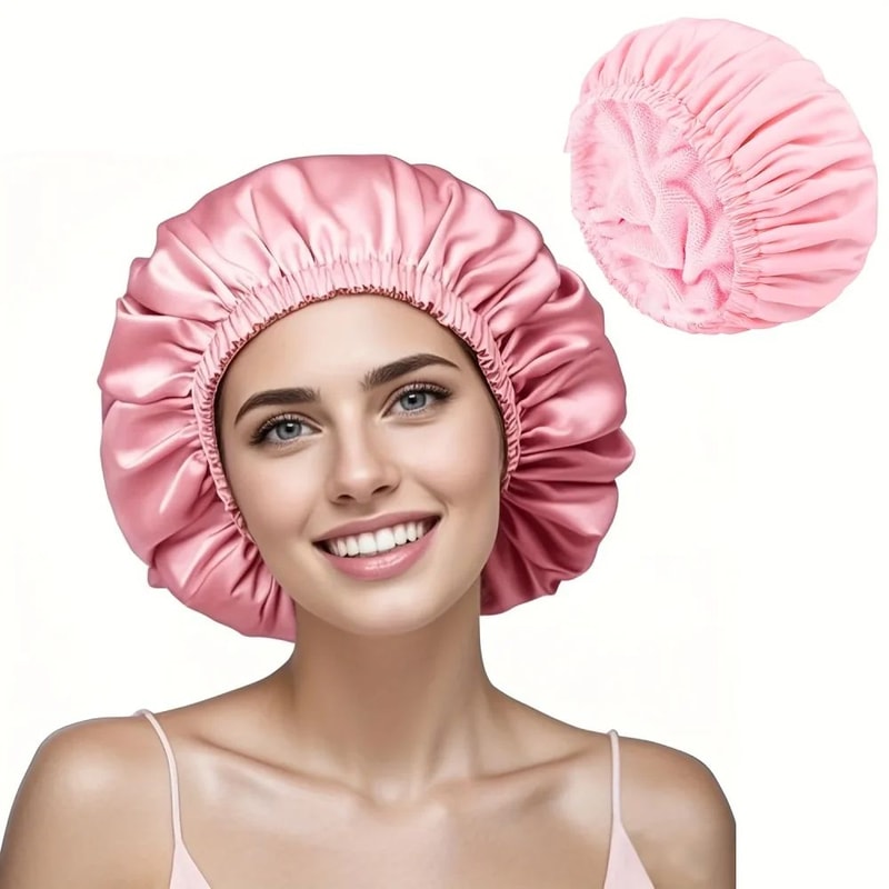 Waterproof Shower Cap With Microfiber Drying Lining Satin Shower Cap For Dry FrizzFree Hair 5