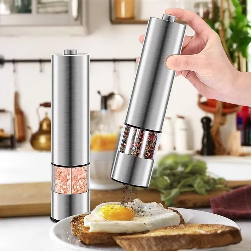 Stainless Steel Electric Salt And Pepper Grinder Set OneHanded Automatic Mills With LED Light 2pc 1