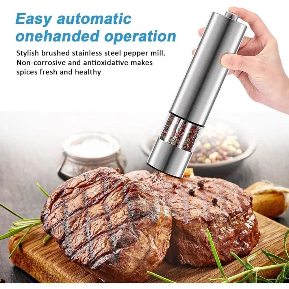 Stainless Steel Electric Salt And Pepper Grinder Set OneHanded Automatic Mills With LED Light 2pc 2