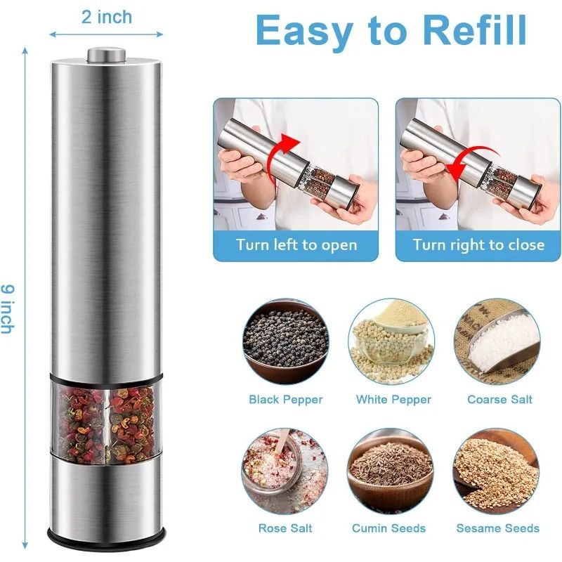 Stainless Steel Electric Salt And Pepper Grinder Set OneHanded Automatic Mills With LED Light 2pc 4