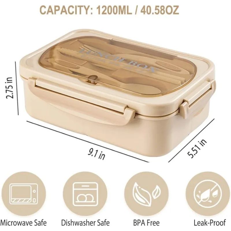 Leakproof Bento Lunch Box 1200ml 3 Compartment Microwave Safe Lunch Container With Utensils 1