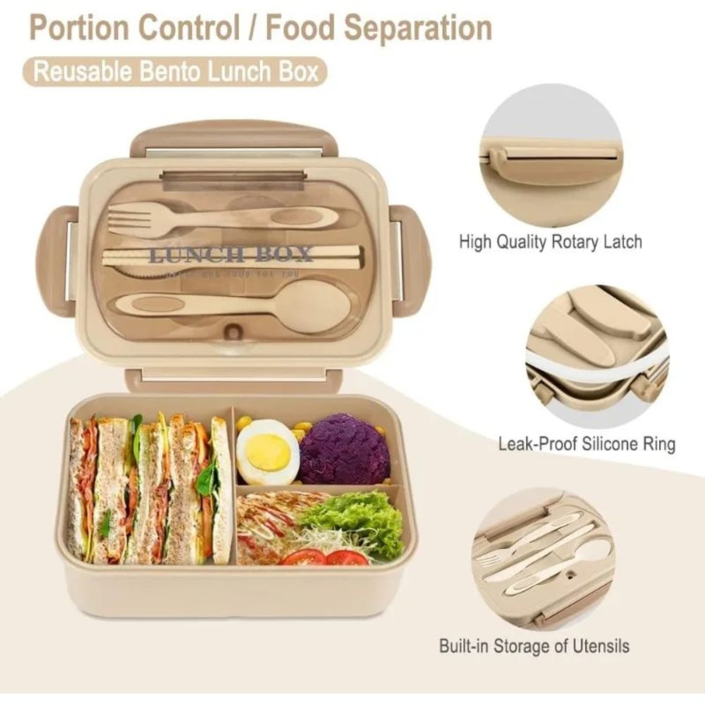 Leakproof Bento Lunch Box 1200ml 3 Compartment Microwave Safe Lunch Container With Utensils 4
