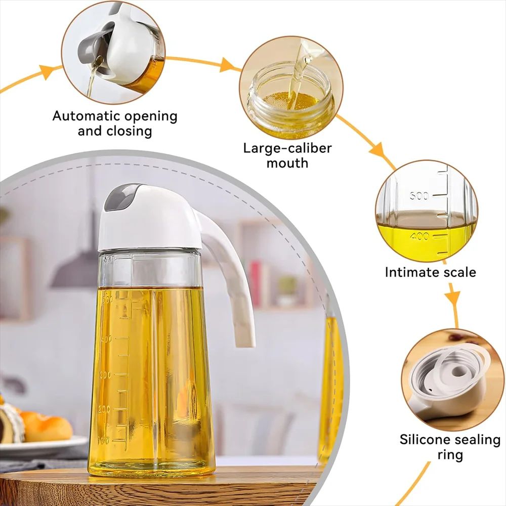 Auto Flip Glass Olive Oil Dispenser Bottle 630ml Leakproof OneHand Pour Oil Vinegar Dispenser 2