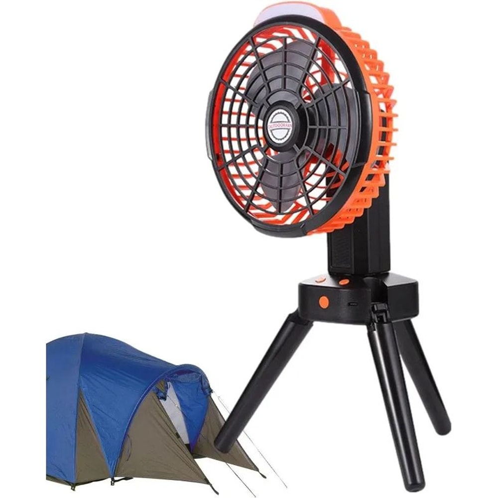 Rechargeable Camping Fan With Foldable Tripod 270 Auto Rotation LED Light 1