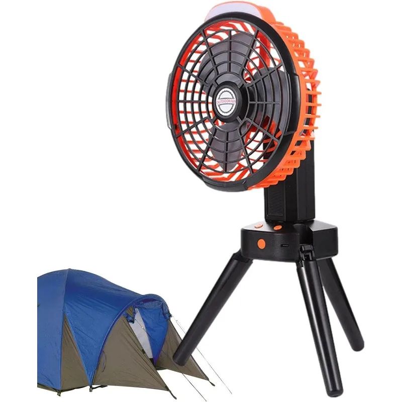 Rechargeable Camping Fan With Foldable Tripod 270 Auto Rotation LED Light 1