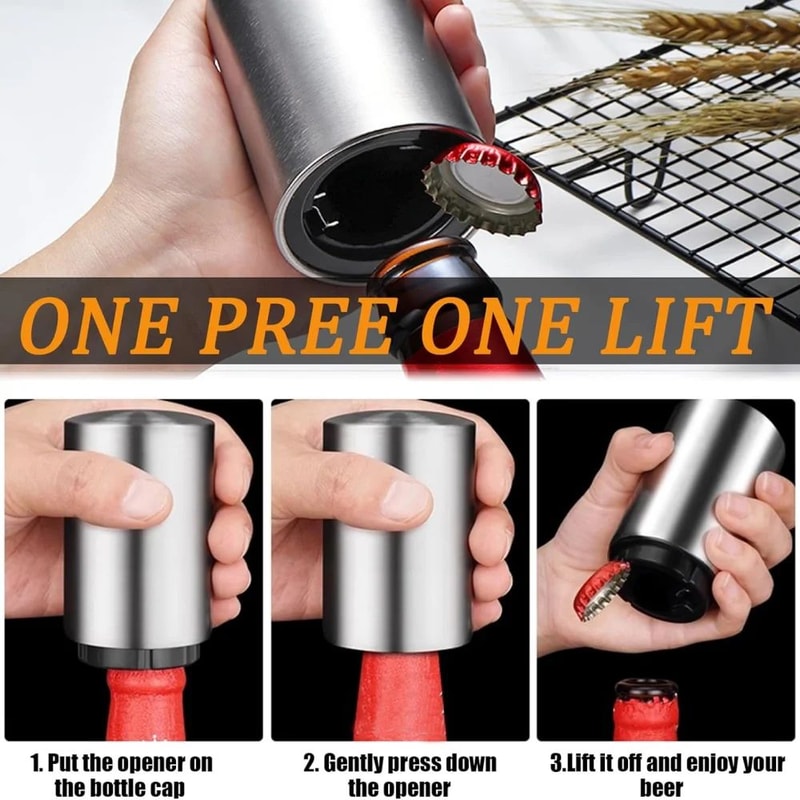 Magnetic PushDown Automatic Beer Bottle Opener Stainless Steel Cap Catcher Tool 3