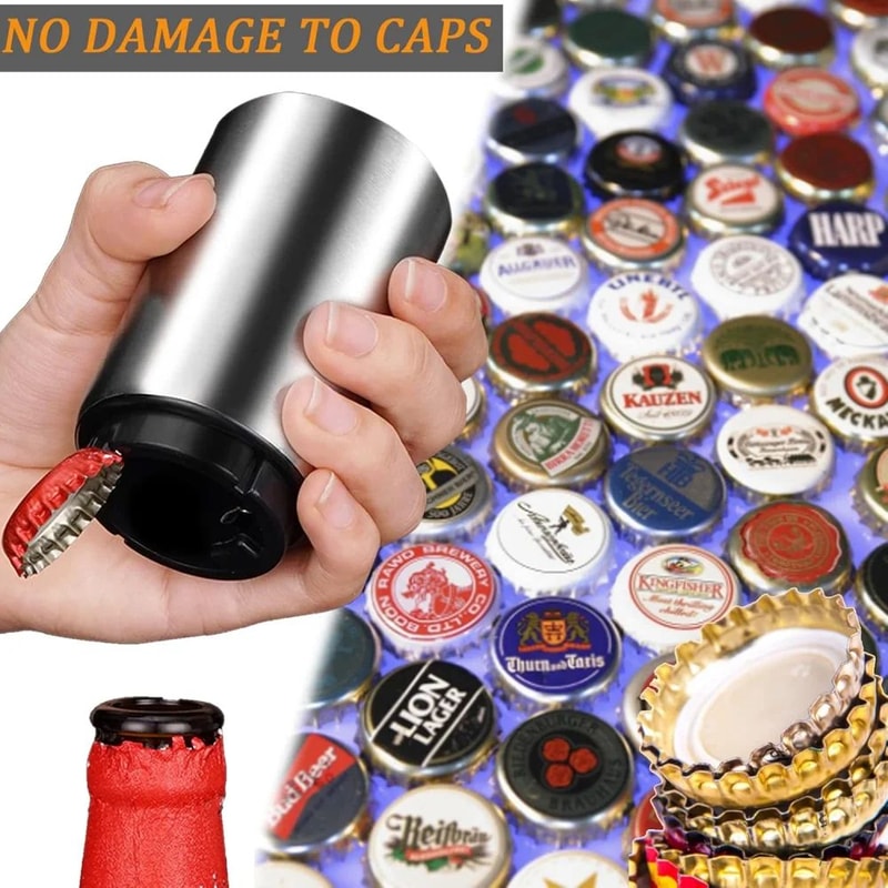 Magnetic PushDown Automatic Beer Bottle Opener Stainless Steel Cap Catcher Tool 5