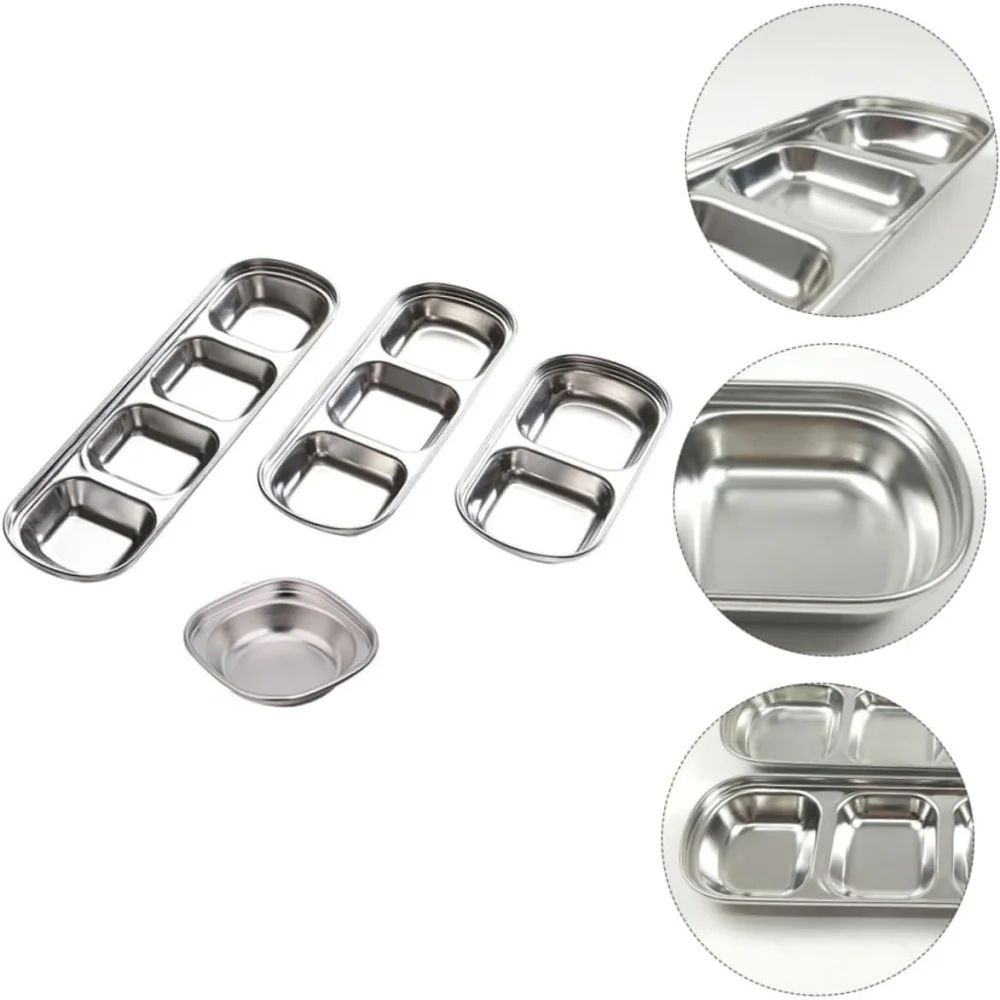 Stainless Steel Divided Dip Bowls Reusable Condiment Tray For Sauces Spices BBQ 0