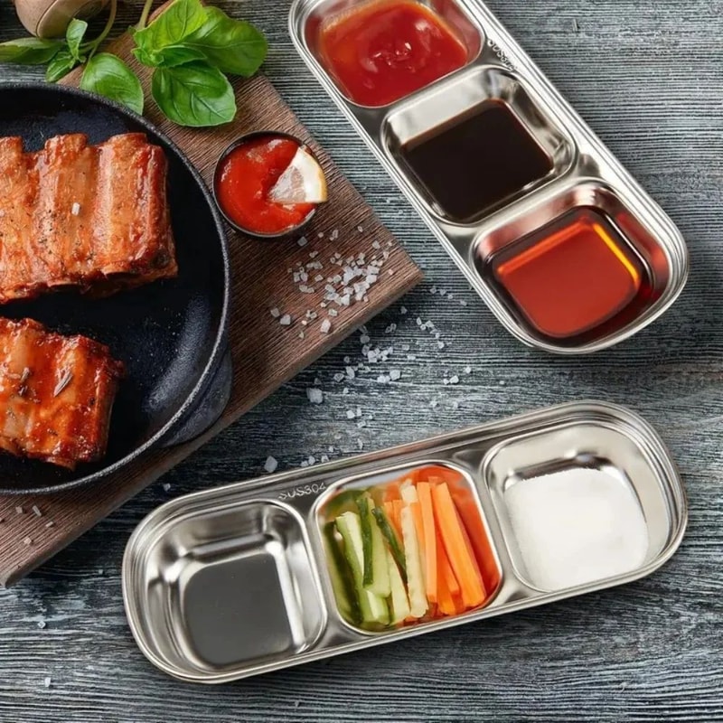 Stainless Steel Divided Dip Bowls Reusable Condiment Tray For Sauces Spices BBQ 2
