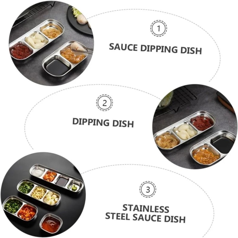 Stainless Steel Divided Dip Bowls Reusable Condiment Tray For Sauces Spices BBQ 3