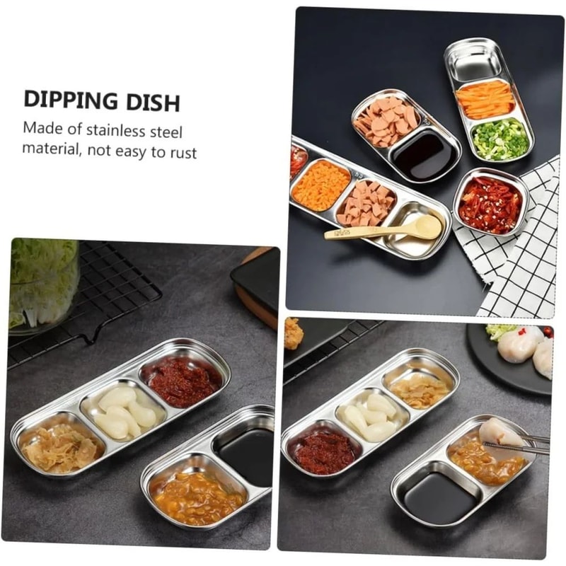 Stainless Steel Divided Dip Bowls Reusable Condiment Tray For Sauces Spices BBQ 5