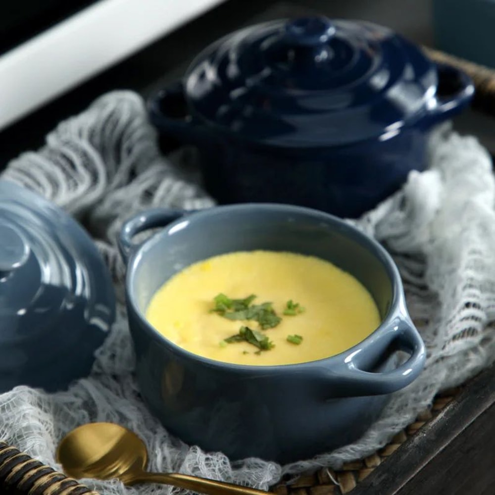 Mini Ceramic Baking Bowl With Lid Double Handles MicrowaveSafe Steamed Egg Soup Bowl 3