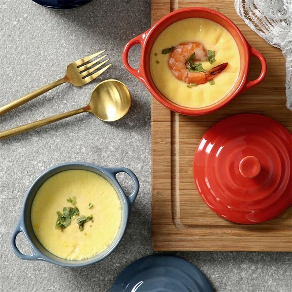 Mini Ceramic Baking Bowl With Lid Double Handles MicrowaveSafe Steamed Egg Soup Bowl 4