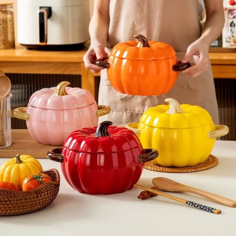 Ceramic Pumpkin Soup Pot With Lid Creative Halloween Soup Noodle Bowl 1