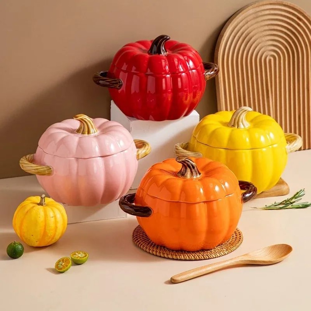 Ceramic Pumpkin Soup Pot With Lid Creative Halloween Soup Noodle Bowl 3