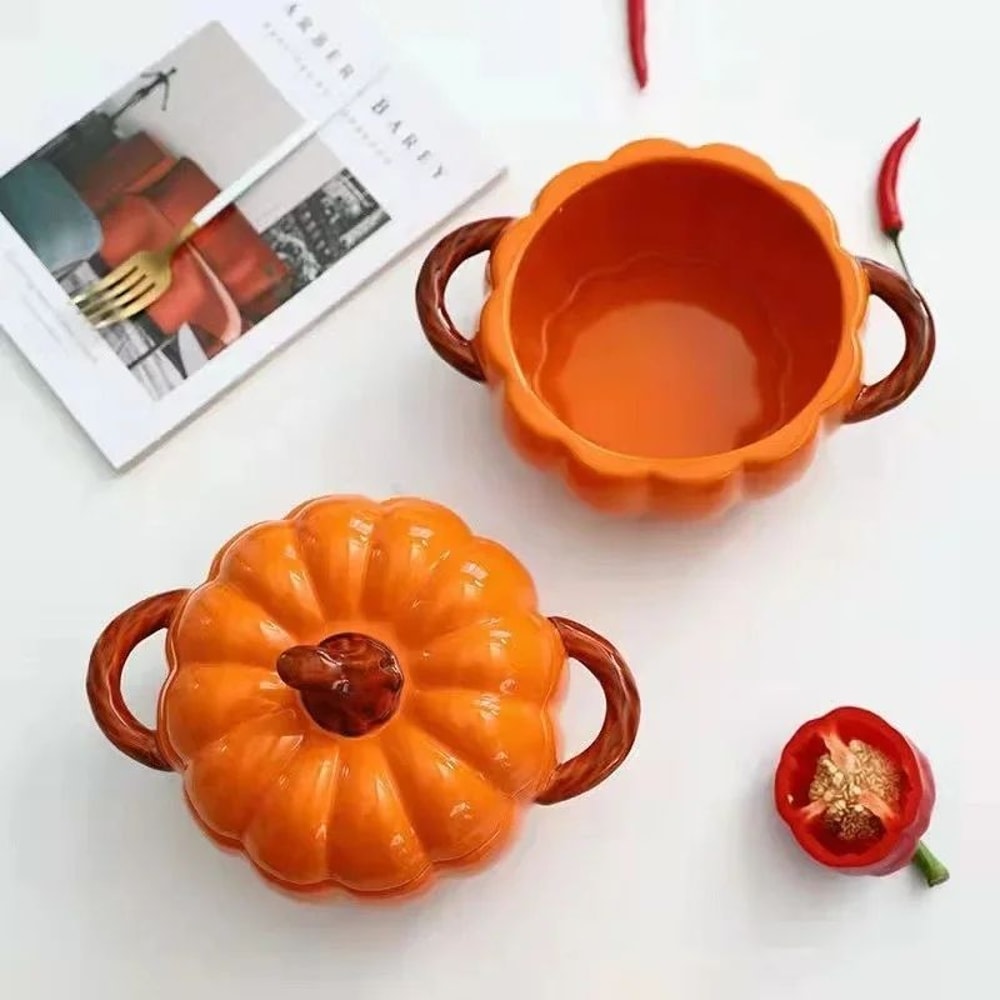 Ceramic Pumpkin Soup Pot With Lid Creative Halloween Soup Noodle Bowl 4