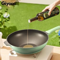 giyoca titanium-gold nonstick wok pan with composite bottom & glass lid - premium everyday frying skillet