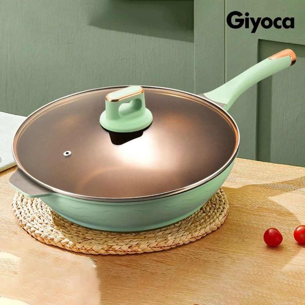 Giyoca TitaniumGold Nonstick Wok Pan With Composite Bottom Glass Lid Premium Everyday Frying Skil 2