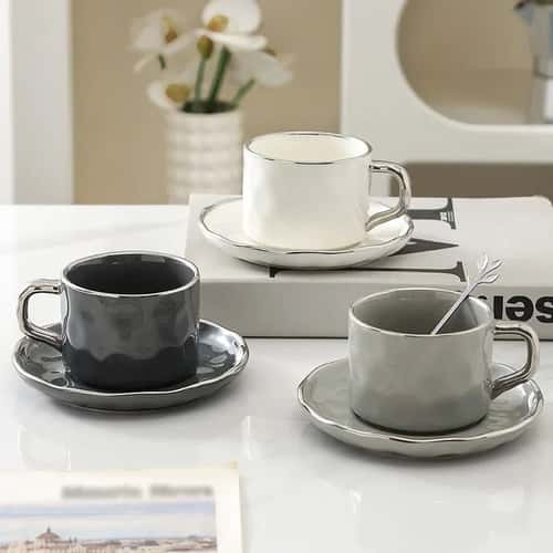European Style Ceramic Coffee Cup & Saucer Set (230ml) with Spoon – Elegant Solid Color Tea & Milk Mug