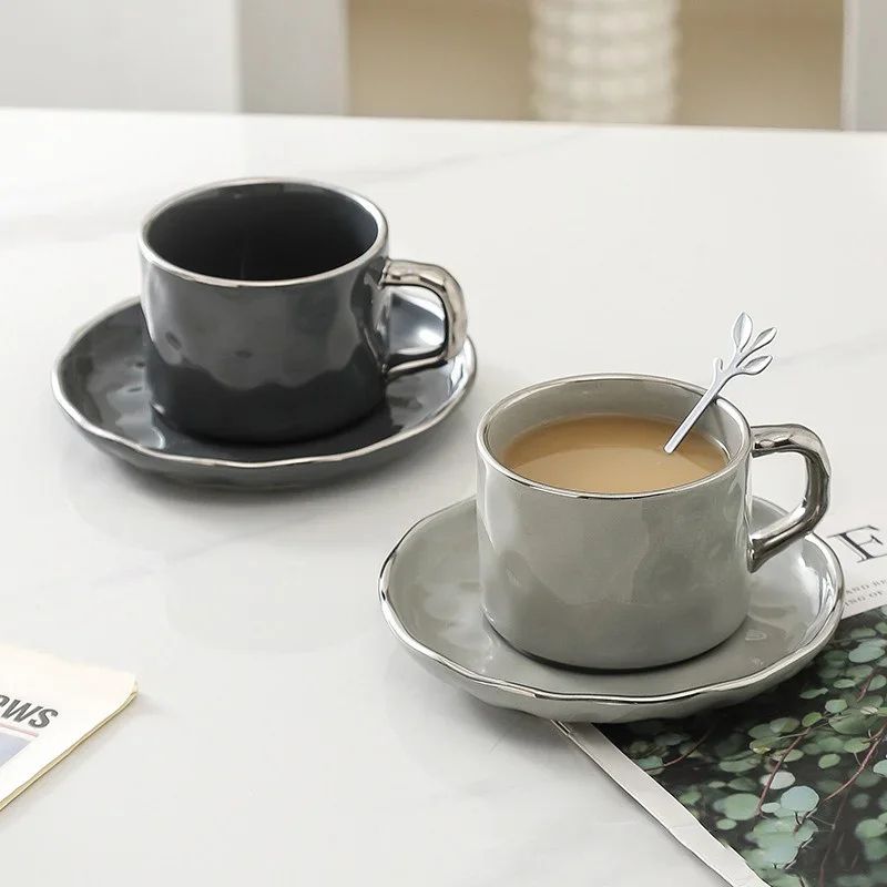 European Style Ceramic Coffee Cup Saucer Set 230ml With Spoon Elegant Solid Color Tea Milk Mug 1