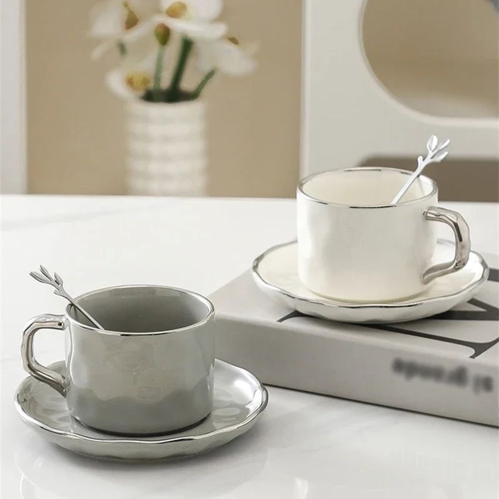 European Style Ceramic Coffee Cup Saucer Set 230ml With Spoon Elegant Solid Color Tea Milk Mug 2