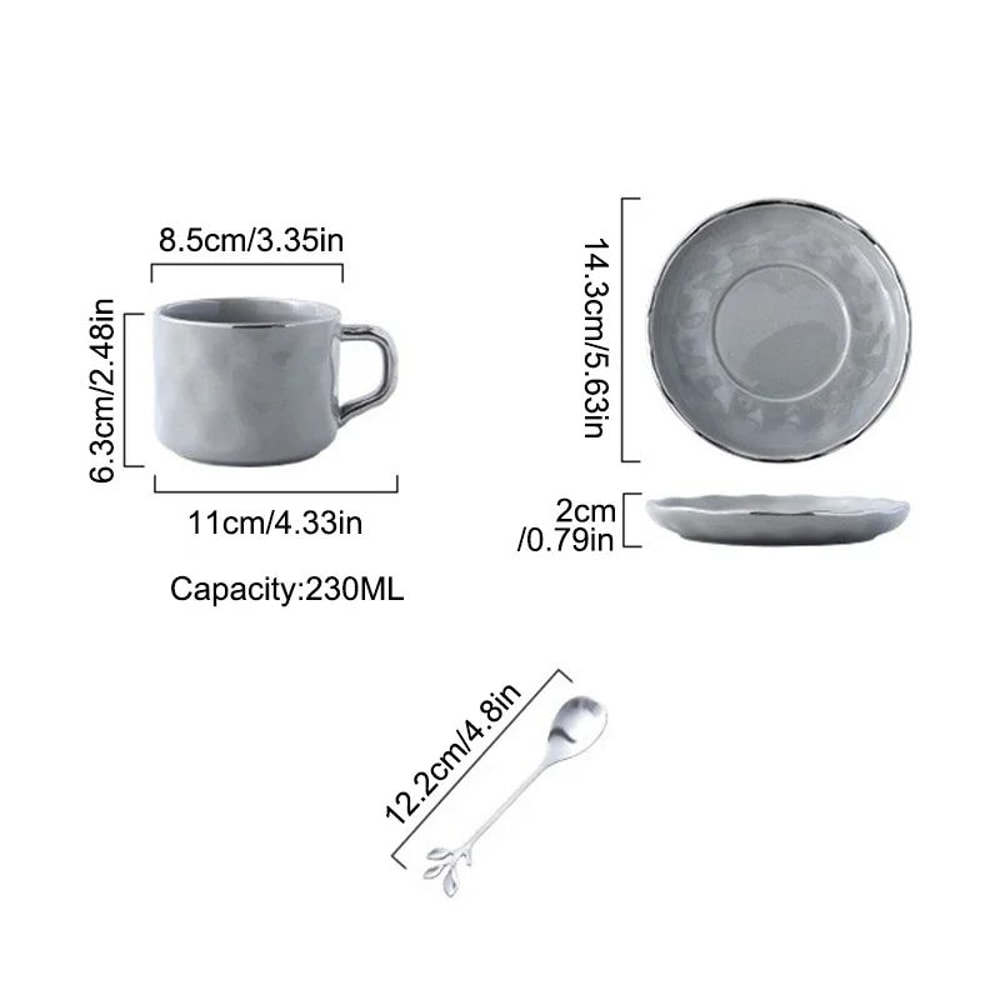 European Style Ceramic Coffee Cup Saucer Set 230ml With Spoon Elegant Solid Color Tea Milk Mug 3