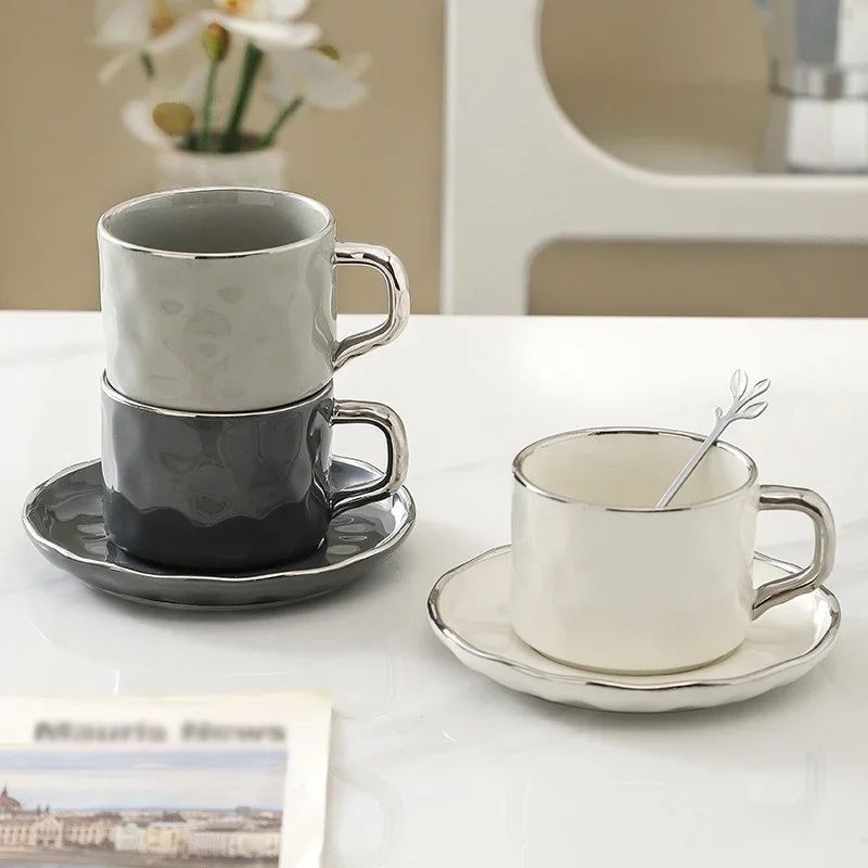 European Style Ceramic Coffee Cup Saucer Set 230ml With Spoon Elegant Solid Color Tea Milk Mug 4