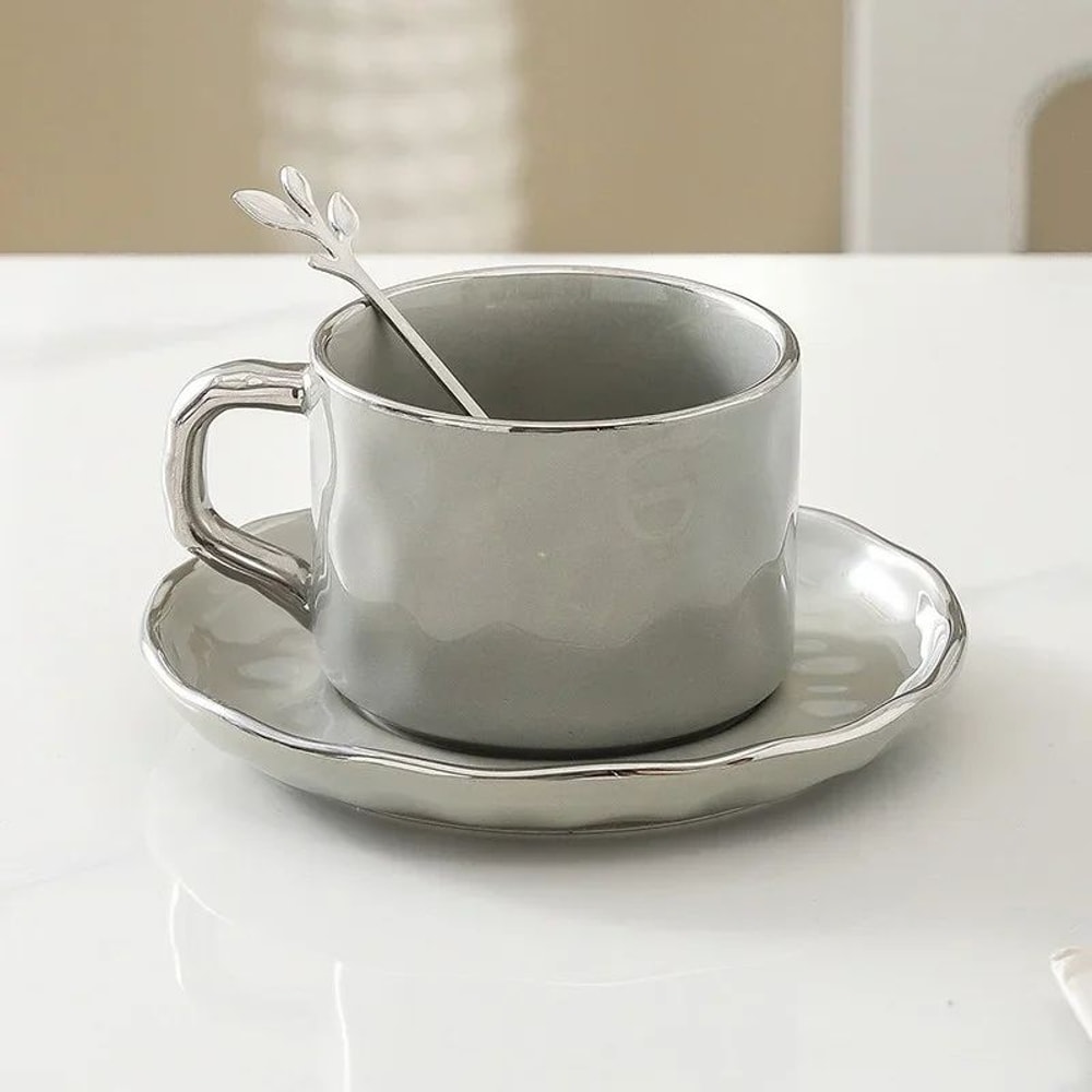 European Style Ceramic Coffee Cup Saucer Set 230ml With Spoon Elegant Solid Color Tea Milk Mug 7