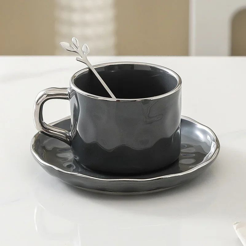 European Style Ceramic Coffee Cup Saucer Set 230ml With Spoon Elegant Solid Color Tea Milk Mug 8