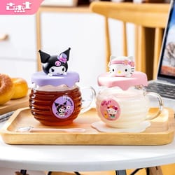 sanrio hello kitty & kuromi honey-can shaped 420ml glass cup with silicone lid – cute kids water & drinkware