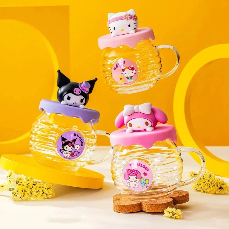 Sanrio Hello Kitty Kuromi HoneyCan Shaped 420ML Glass Cup With Silicone Lid Cute Kids Water Drin 4