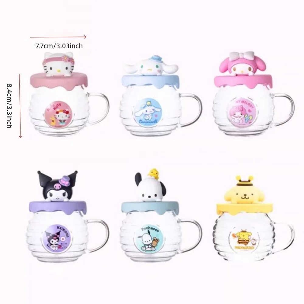 Sanrio Hello Kitty Kuromi HoneyCan Shaped 420ML Glass Cup With Silicone Lid Cute Kids Water Drin 5
