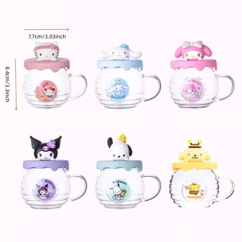 Sanrio Hello Kitty Kuromi HoneyCan Shaped 420ML Glass Cup With Silicone Lid Cute Kids Water Drin 5