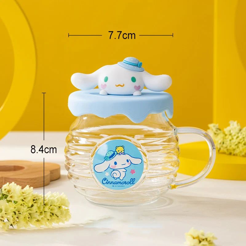 Sanrio Hello Kitty Kuromi HoneyCan Shaped 420ML Glass Cup With Silicone Lid Cute Kids Water Drin 7