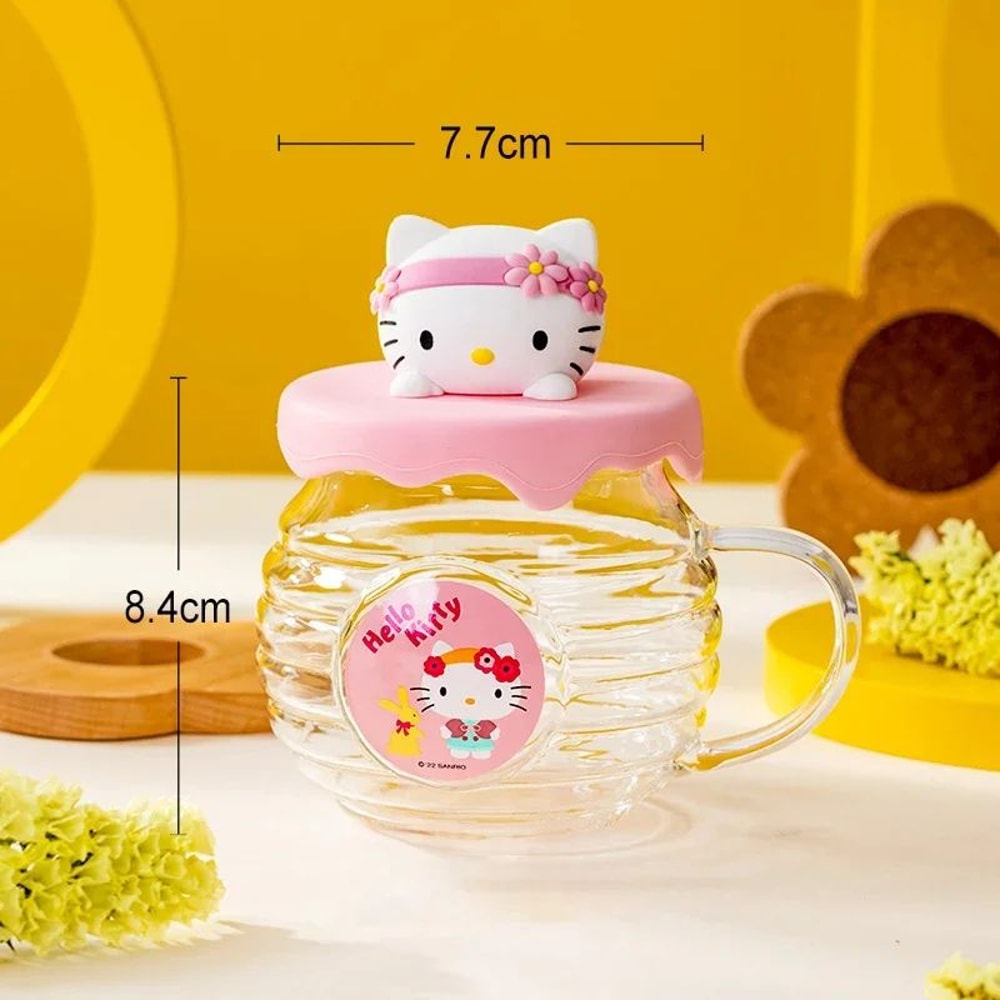 Sanrio Hello Kitty Kuromi HoneyCan Shaped 420ML Glass Cup With Silicone Lid Cute Kids Water Drin 6