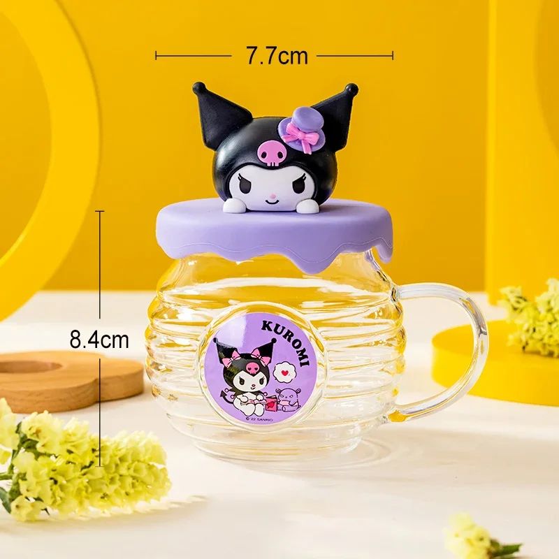 Sanrio Hello Kitty Kuromi HoneyCan Shaped 420ML Glass Cup With Silicone Lid Cute Kids Water Drin 8