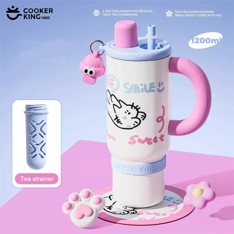 Cooker King Cute Insulated Travel Mug With Straw Stainless Steel Thermos Cup 12L 3